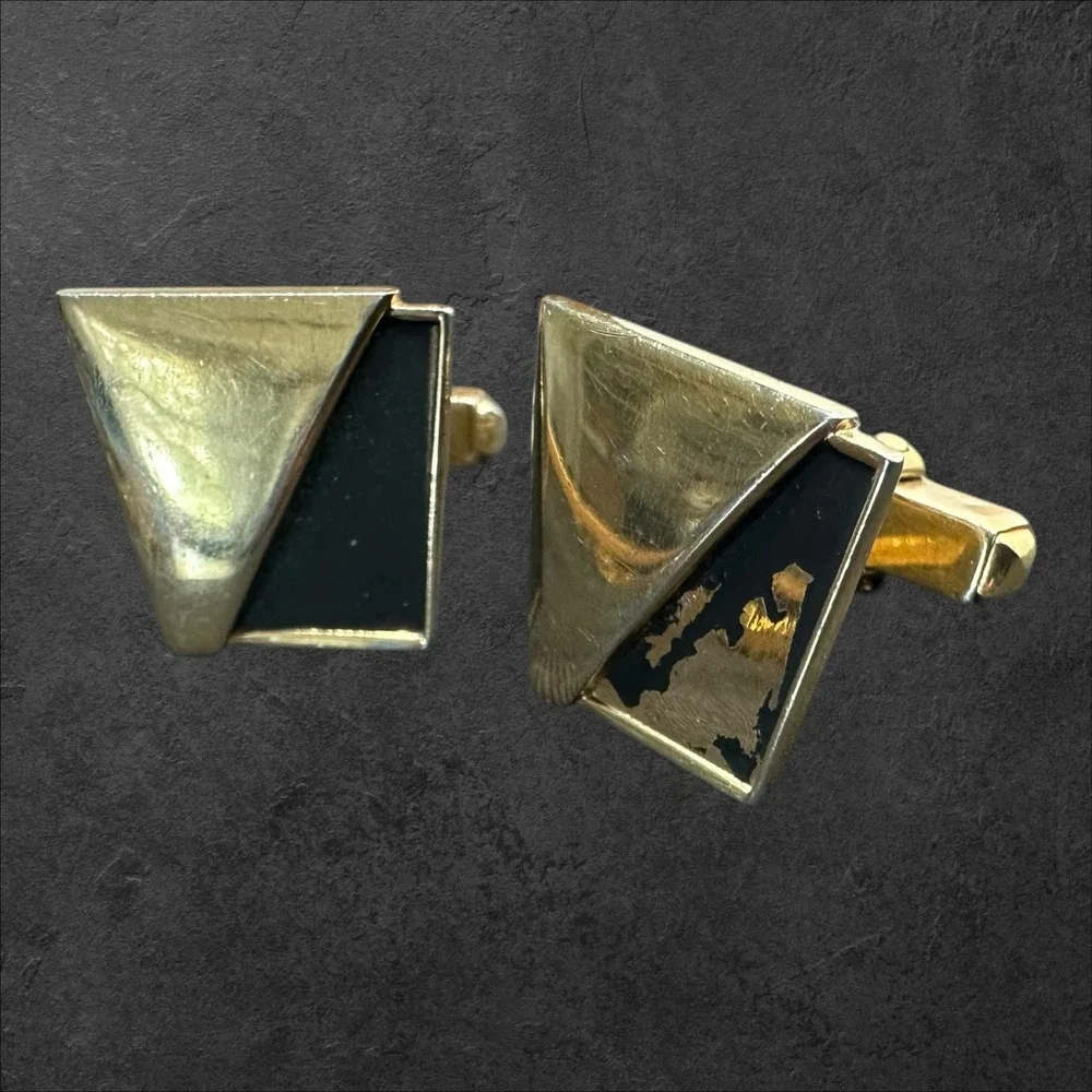 Anson Cufflinks Mens Gold Tone/Black Vintage MCM Geometric Pat Pend - See Photos
